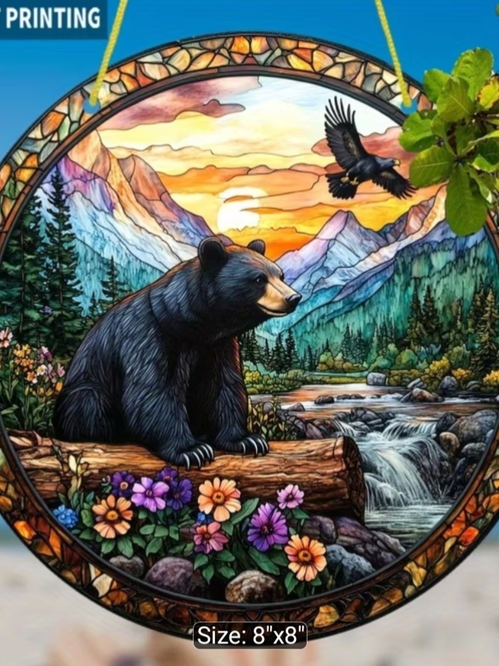 Round Acrylic Wall Art - Black Bear Mountain Scene in Black and Green